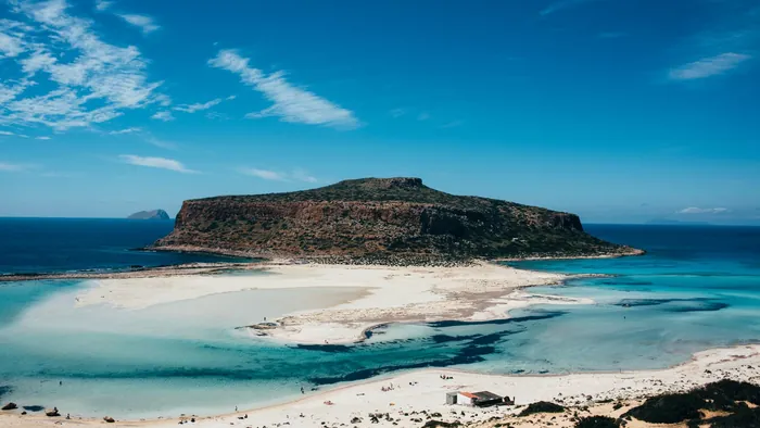 Aerial view of the turquoise Balos lagoon and the Gramvousa headland on the northwest tip of Crete